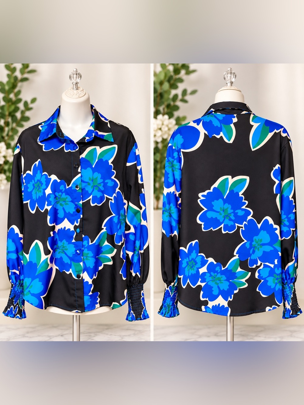 💙 Women’s Blue & Green Floral Button-Up Blouse – Size (M) – NWOT